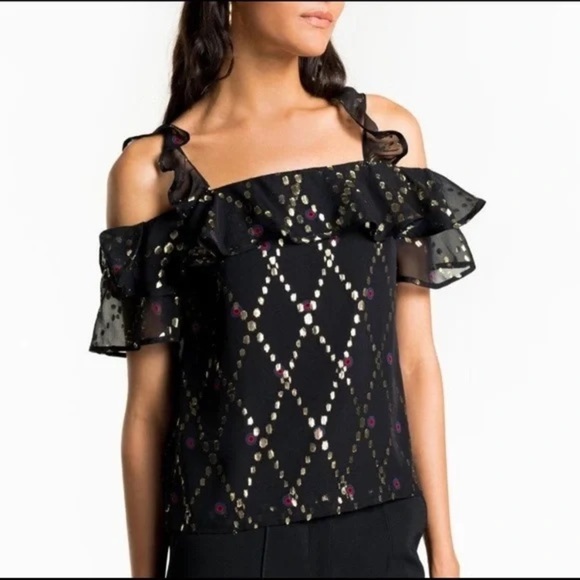 A.L.C. Willow Black Silk Gold Metallic Festive Sleeveless Shirt Top Sequins Sz 0 - Picture 1 of 9